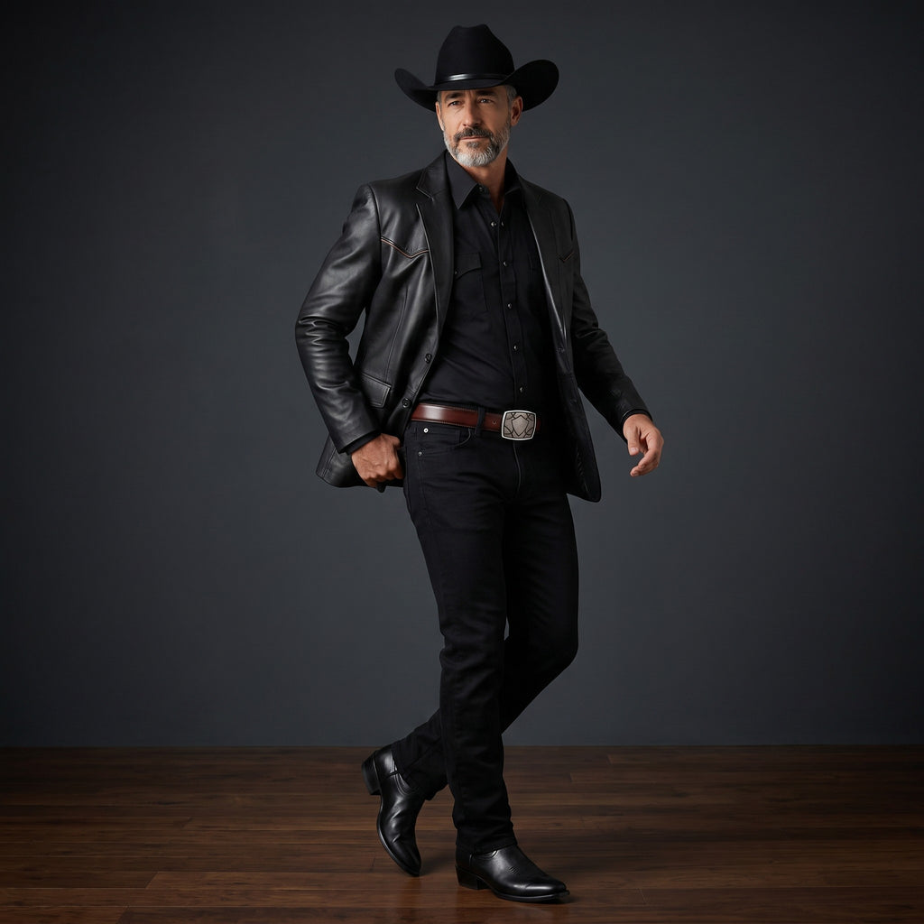 Hombre con sombrero y chaqueta de cuero usando cinturón VIARCI BELTS de piel marrón con hebilla de escudo grabada.