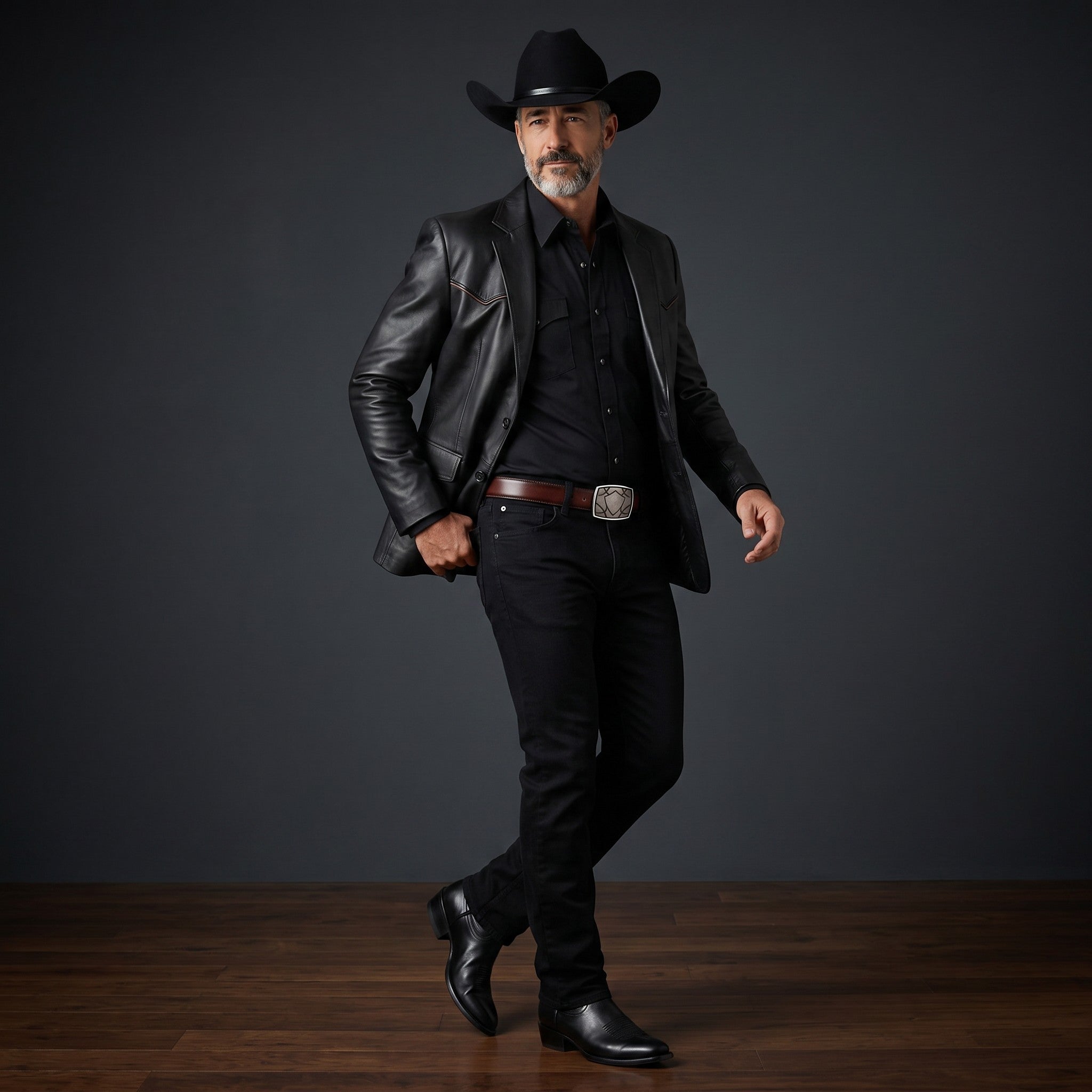 Hombre con sombrero y chaqueta de cuero usando cinturón VIARCI BELTS de piel marrón con hebilla de escudo grabada.