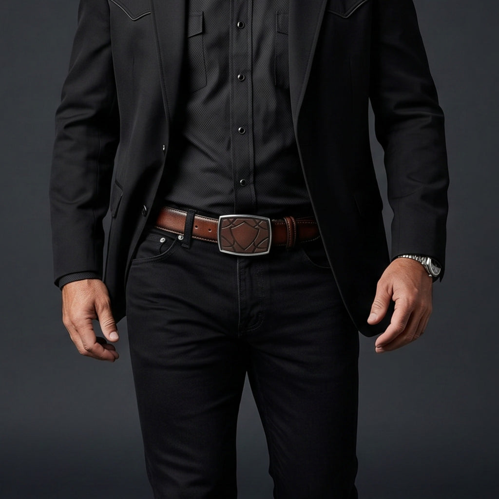 Hombre con sombrero y cinturón VIARCI BELTS de piel marrón con hebilla de escudo grabada sobre vaqueros negros.