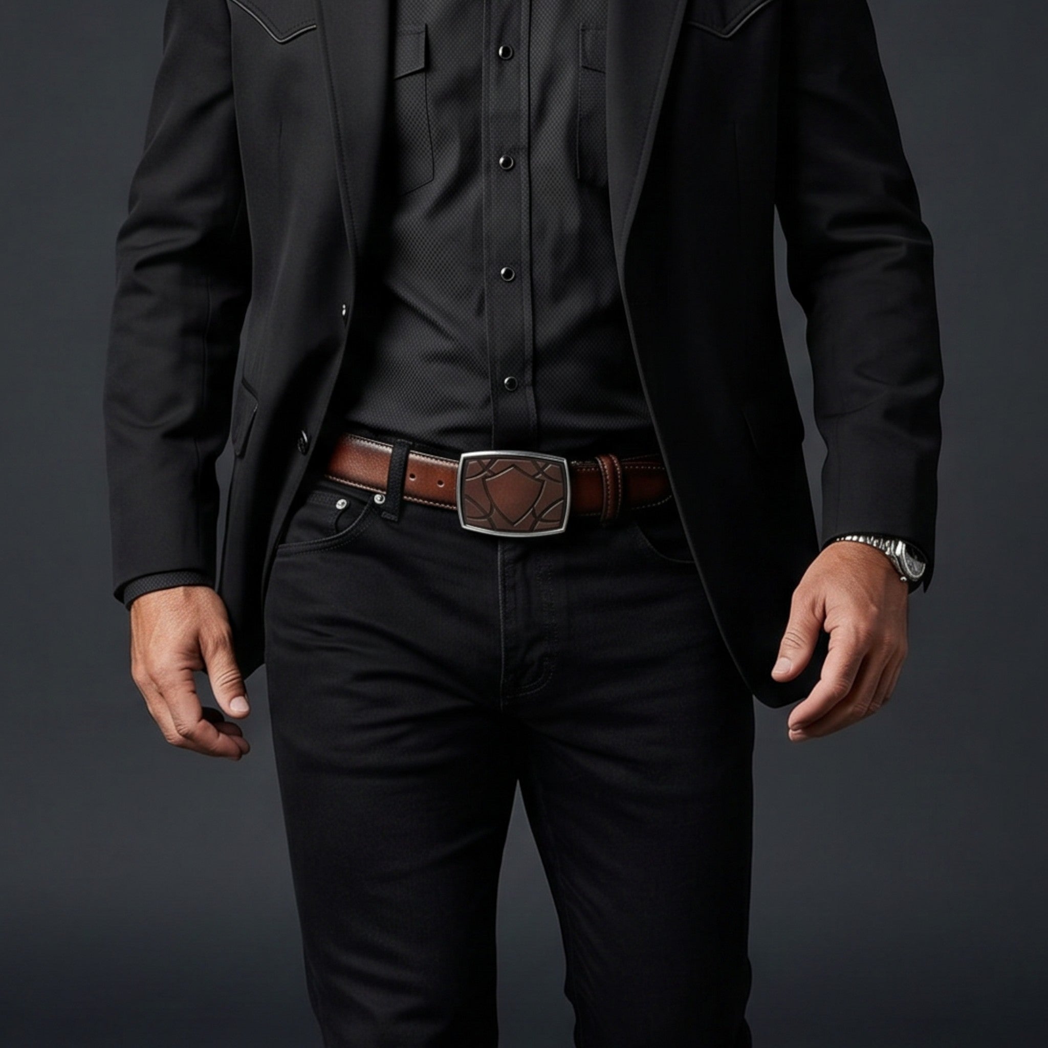 Hombre con sombrero y cinturón VIARCI BELTS de piel marrón con hebilla de escudo grabada sobre vaqueros negros.