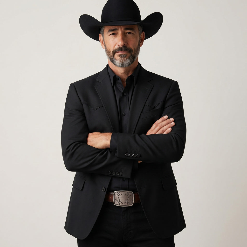 Hombre con sombrero y traje negro luciendo un cinturón VIARCI BELTS de piel marrón con hebilla de escudo grabada.