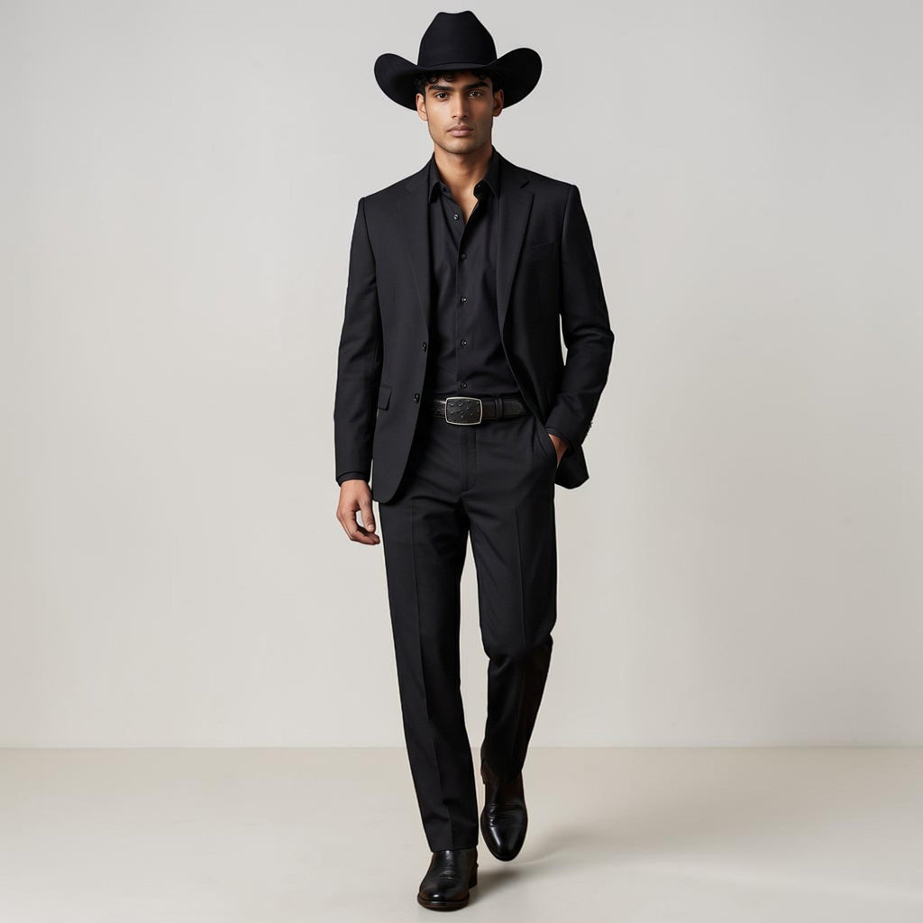Hombre con traje negro y sombrero vaquero luciendo un cinturón de piel VIARCI BELTS con hebilla metálica elegante